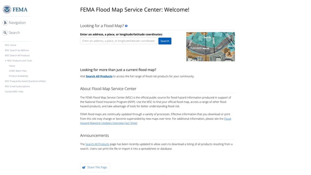 Screenshot of FEMA Flood Map Service Center website