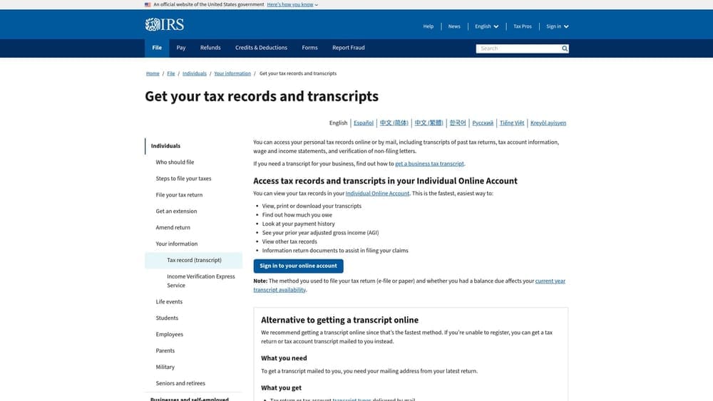 Screenshot of IRS Get Transcript Online website