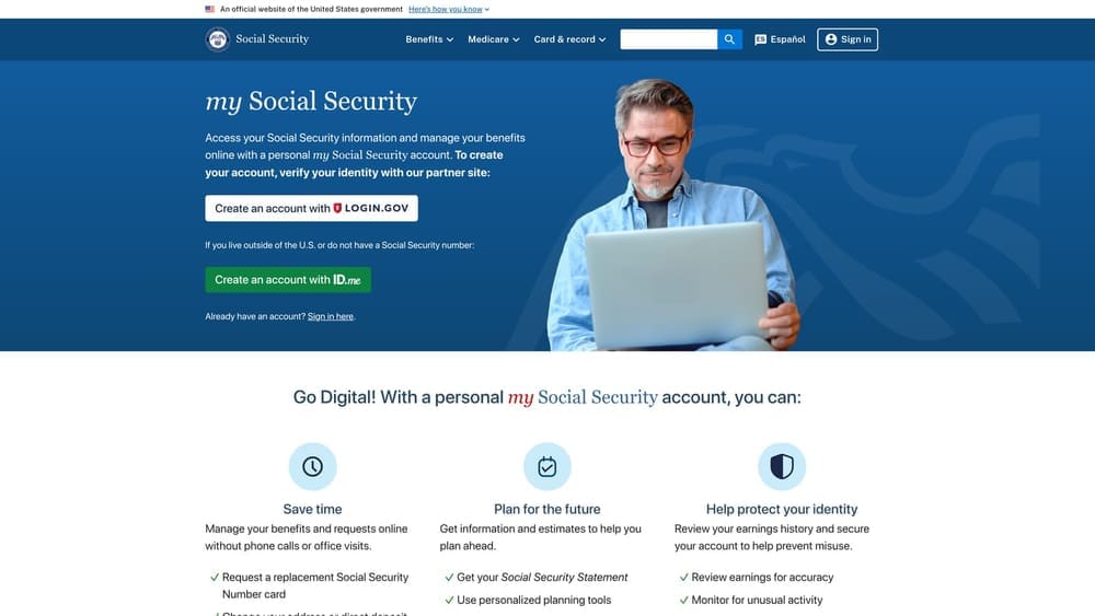 Screenshot of SSA My Social Security Portal website