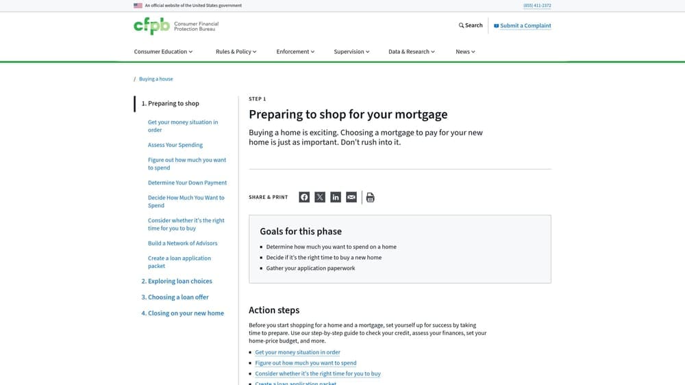 Screenshot of CFPB Owning a Home — Mortgage Preparation Checklist website