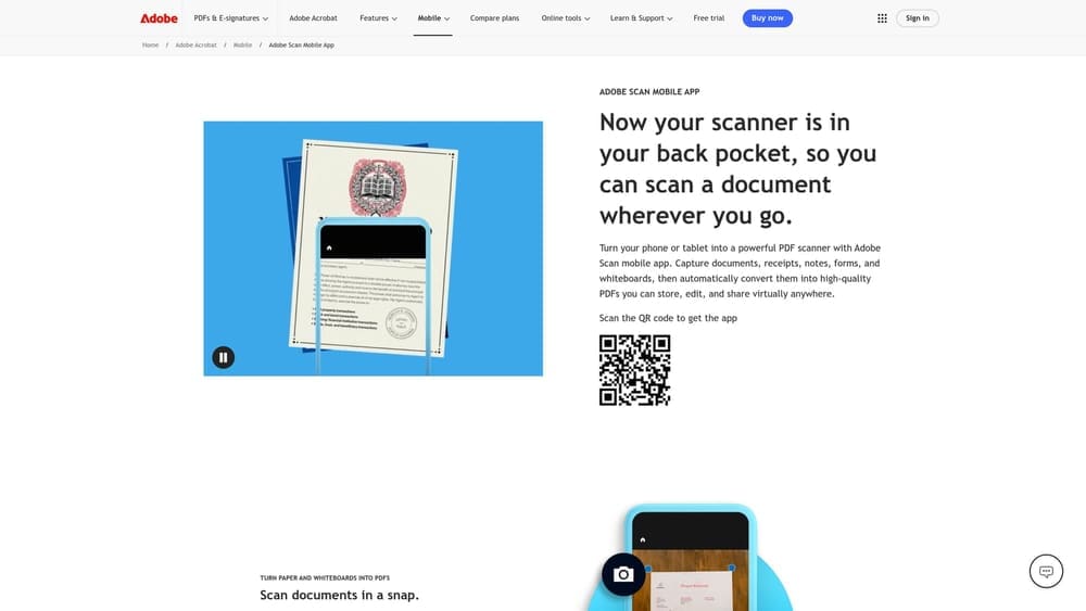 Screenshot of Adobe Scan website