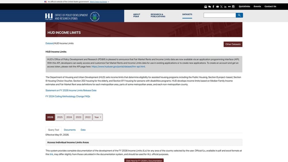 Screenshot of HUD Area Median Income (AMI) Lookup website