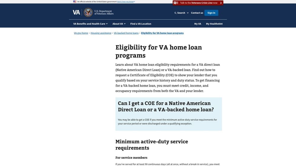 Screenshot of VA Loan Eligibility Center website